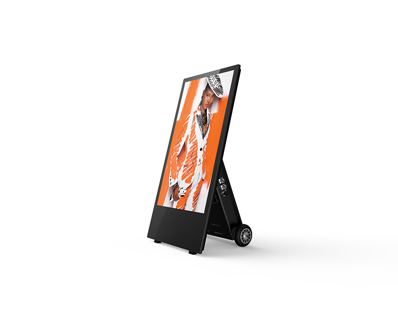 Portable outdoor digital A-board, angled view